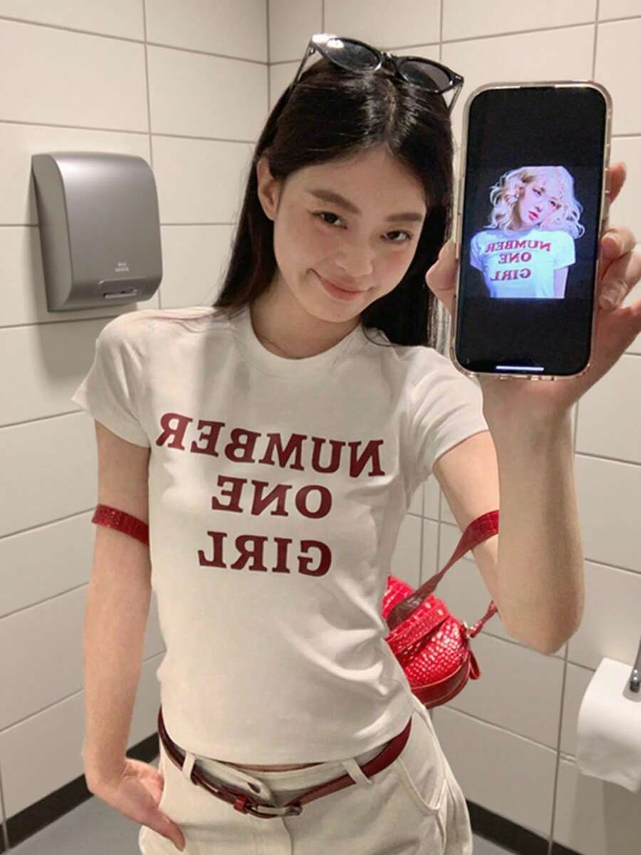 Petite 夏季新款简约短袖T恤女短款修身个性印花休闲圆领上衣韩版 - 白色 - 查看 1