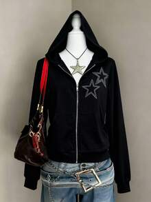 DEAR MOLLY Women's Sparkling Rhinestone Star Pattern Zipper Hooded Jacket, Fashionable Casual Everyday Wear Long Sleeve Outerwear For Autumn/Winter, New Year - Black - View 4