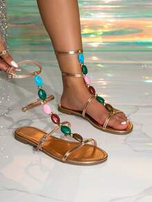 Damen Flache Sandalen, 2026 Neue Sommer Sandalen mit Strass Dekor, Outdoor Mode Sandalen - Champagnerfarben - Übersicht 5