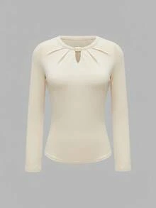 Solid Color Knit Top With Openwork And Ruched Neckline, Suitable For Everyday Wear, Nights Out And Street Style In Winter, Brown Top, Elegant Casual Women's Top For Spring - Beige - View 2