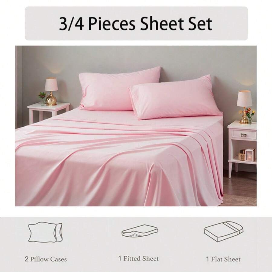3/4 Pieces Sheet Set, Cooling Sheets For 3 Pieces Twin Sheet Set With Pillowcase, Full/Queen/King Size Bed Set With 4Pieces, Derived From Microfiber, Breathable & Soft, Deep Pocket Up To 16", Hotel Luxury Silky Bedding For Hot Sleepers - 粉色 - 查看 1