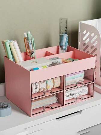 1 pieza Organizador de escritorio con 2 cajones, soporte multifuncional para bolígrafos, organizador de escritorio con compartimentos para almacenamiento, organizador de escritorio de oficina, caja de almacenamiento de escritorio con divisores de accesorios, cajón práctico para ayudar a organizar el escritorio, caja de almacenamiento multifuncional para artículos de papelería, suministros de oficina y cosméticos, diseño de taza para bolígrafos, esencial para volver a la escuela, regalo navideño