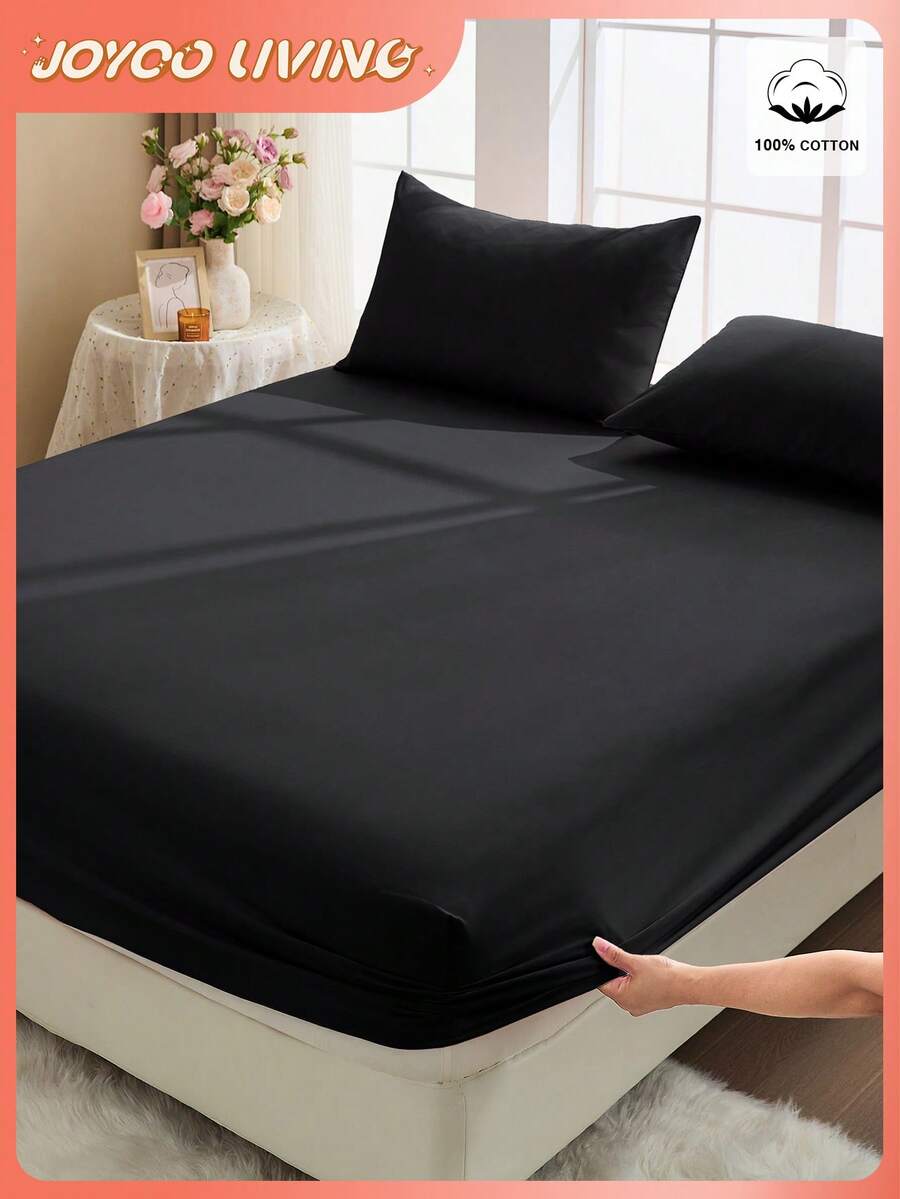 2/3 Pcs 100% Cotton Bedsheet Set, Solid Color Bedding Set, Comfortable Home Textile, Soft & Breathable Anti-Pilling Mattress Protector, Skin-Friendly Bed Cover Set, Suitable For All Seasons, Fits Twin, Full, Queen, King Size Beds - Black - View 1