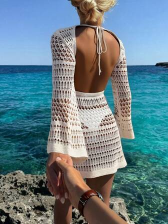 女士春夏沙滩装波西米亚风性感镂空露背长袖钩针罩衫太阳裙