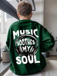 青少年男童休闲简约酷炫音乐设计耳机印花圆领长袖卫衣秋冬儿童服装男童 - 墨綠色 - 查看 8