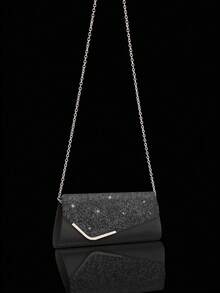 Glamorous,Exquisite,Quiet Luxury Women's Elegant Sparkling Decoration Evening Clutch Bag With Diamond Chain Strap And Bracelet, Necklace, Earrings Set For Party Sequins Flap Clutch Bag Buckle Evening Event Party Bag Metal Chain Crossbody Bag For Party Girl,Woman,Bride Perfect For Party,Wedding,Prom,Dinner/Banquet. The Best New Year & Valentines' Gift Set. - Black - View 6