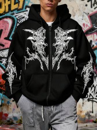 Men's Gothic Dark Style Printed Zip-Up Hoodie, Fashionable Streetwear Zip-Up Hoodie Suitable For Casual Occasions, Perfect Match For Outfits, New Arrival For Autumn