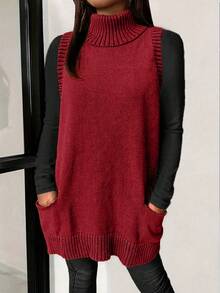 Christmas Valentine's Day Plus Size Fall And Winter Plus Size Fashion Leisure Solid Color High-Neck Pocket Mid-Length Style Design Sweater Pullover Vest Suitable For Outdoor Travel Play Photo Wearing Brunch Outfits For Women - Red - View 2