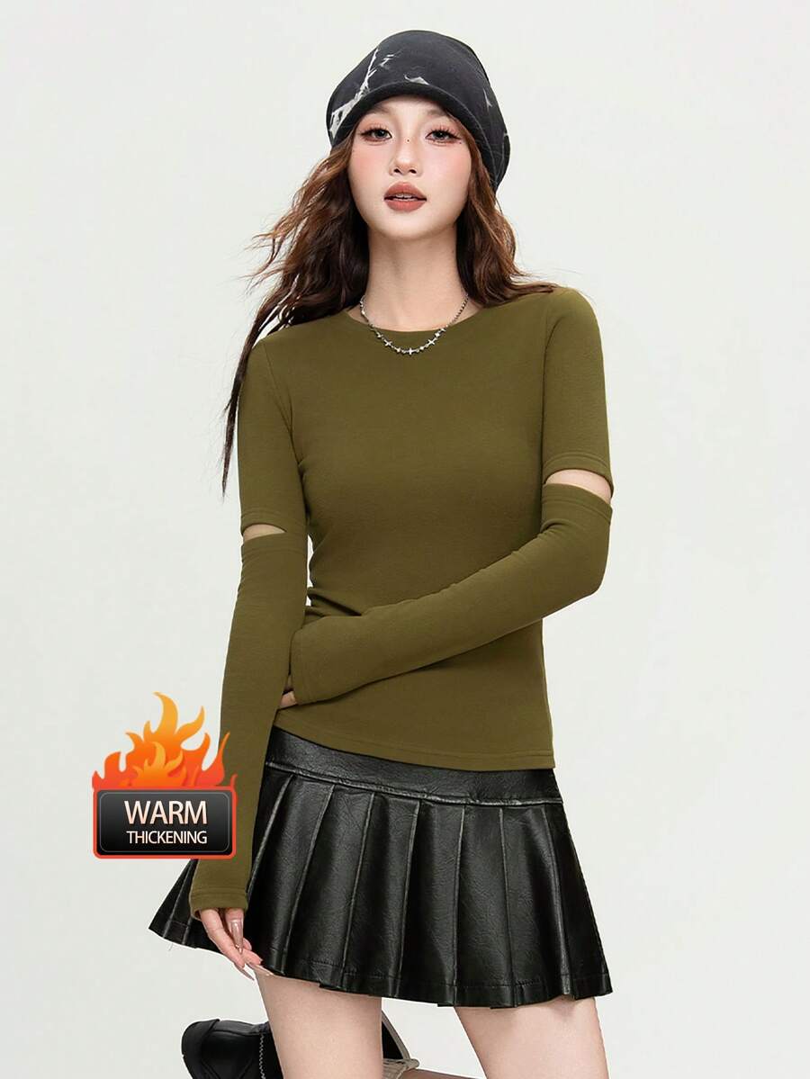 2-Sided Flocked Hollow Design Base Layer Top For Women, Versatile Thick Long Sleeve Shirt, Winter 2025 - 230 Ginger Yellow - View 1