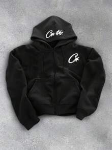 Men's Black American Letter Graphic Print Loose Fit Hooded Sweatshirt Sweatshirt, Suitable For Autumn/Winter, Casual, Streetwear, Commuting - Black - View 1