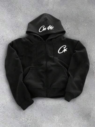 Men's Black American Letter Graphic Print Loose Fit Hooded Sweatshirt Sweatshirt, Suitable For Autumn/Winter, Casual, Streetwear, Commuting