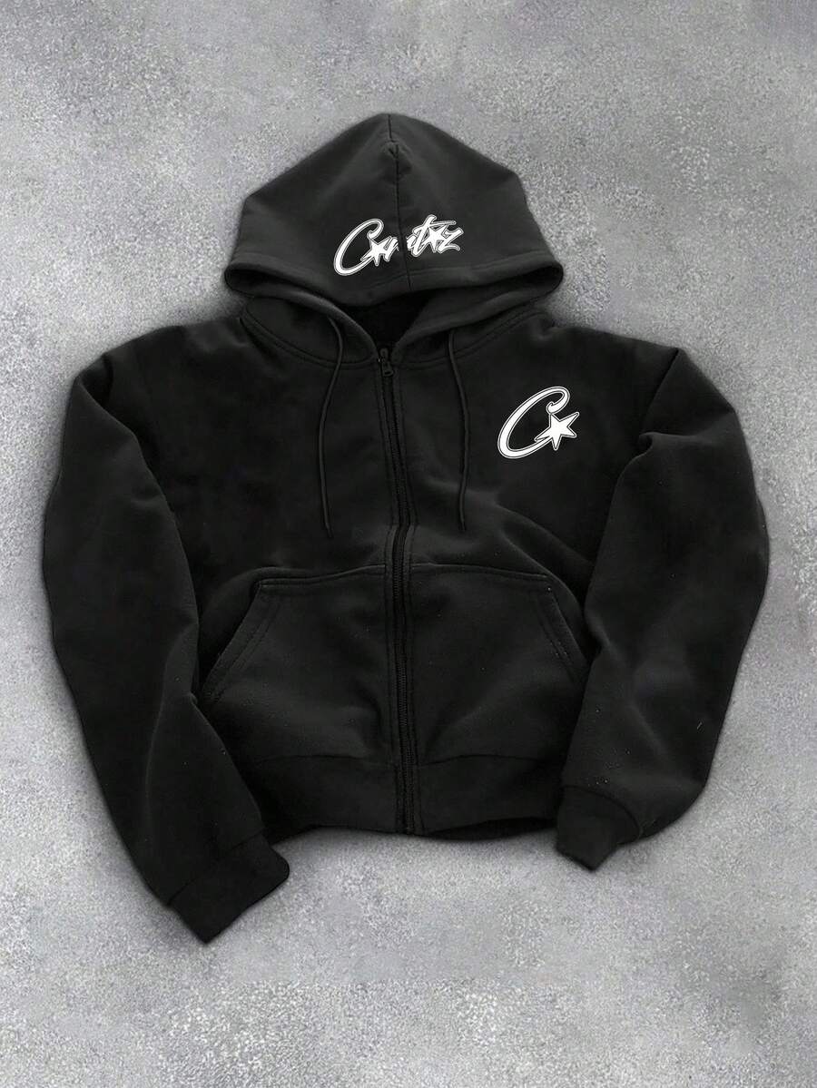 Men's Black American Letter Graphic Print Loose Fit Hooded Sweatshirt Sweatshirt, Suitable For Autumn/Winter, Casual, Streetwear, Commuting - Black - View 1