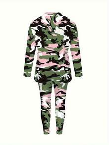 Plus Size Women's Camouflage Tracksuit Set - Full-Body Print Long Sleeve T-Shirt & Jogger Pants With GreenPink Camo Pattern, Relaxed Fit Athletic Outfit For Gym, Casual & Casual Attire, Breathable Comfortable Sportswear (No Visible ZippersSeams) - 風格 - 查看 3