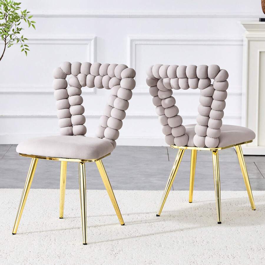 Krzesła do jadalni w kolorze jasnoszarym, z aksamitu w kolorze wielbłądziej wełny (zestaw 2 szt.) – trójkątne wycięcie, nogi z pozłacanego metalu, do stołu jadalnego, szafki i salonu - Jasnoszary - Zobacz 1