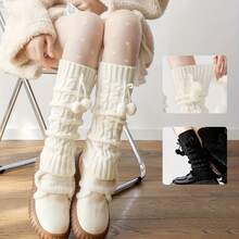 1 Pair Women's Cable Knit Leg Warmers, Autumn Winter Knitted Pom-Pom Socks, Basic Versatile Mid-Calf Socks, Fashionable Leg Warmers, Pair With Loafers And Sneakers - 灰白色 - 查看 8