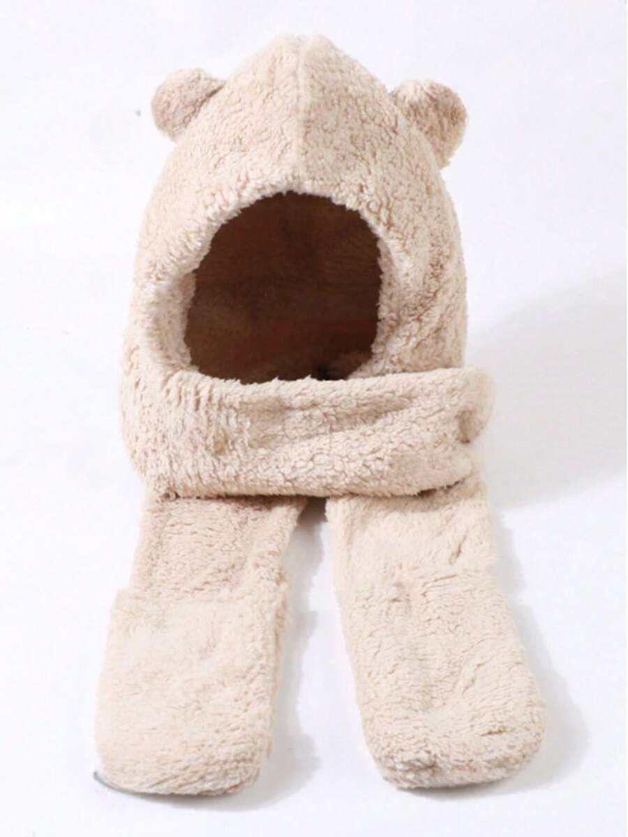 1件装女士可爱小熊耳罩围巾，适合冬季佩戴 - 卡其色 - 查看 1