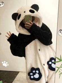 熊猫连帽睡袍，冬季保暖女士连帽长款毛绒睡袍，秋冬卡通印花涤纶睡衣，长袖，拉链，略带弹性 - 舒适毛绒角色扮演服装，理想的节日礼物，舒适的浴袍采用耐用的珊瑚绒面料制成，温暖的冬季装饰 - 彩色 - 查看 3