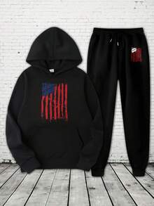 (2 PCS) USA Hoodies 2 Set Festive Men's American Flag Print Hooded Sweatsuit Set - Soft Matching Tracksuit With Hoodie & Sweatpants, Cozy Fall/Winter Outfit, Machine Washable 2pcs (Patriotic USA Design) For Gym, Lounge & Casual Wear - In Stock! - 黑色 - 查看 1