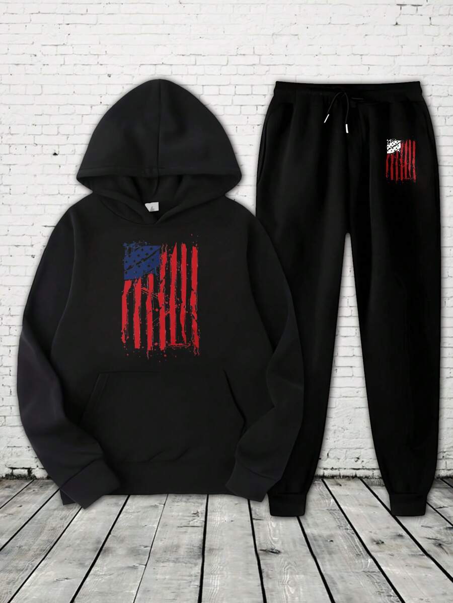 (2 PCS) USA Hoodies 2 Set Festive Men's American Flag Print Hooded Sweatsuit Set - Soft Matching Tracksuit With Hoodie & Sweatpants, Cozy Fall/Winter Outfit, Machine Washable 2pcs (Patriotic USA Design) For Gym, Lounge & Casual Wear - In Stock! - 黑色 - 查看 1