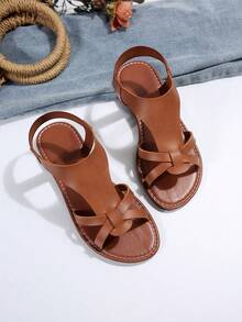 新款加大码女士舒适简约圆头交叉弹力平底凉拖鞋，休闲时尚户外度假沙滩夏季鞋 - 棕色 - 查看 5