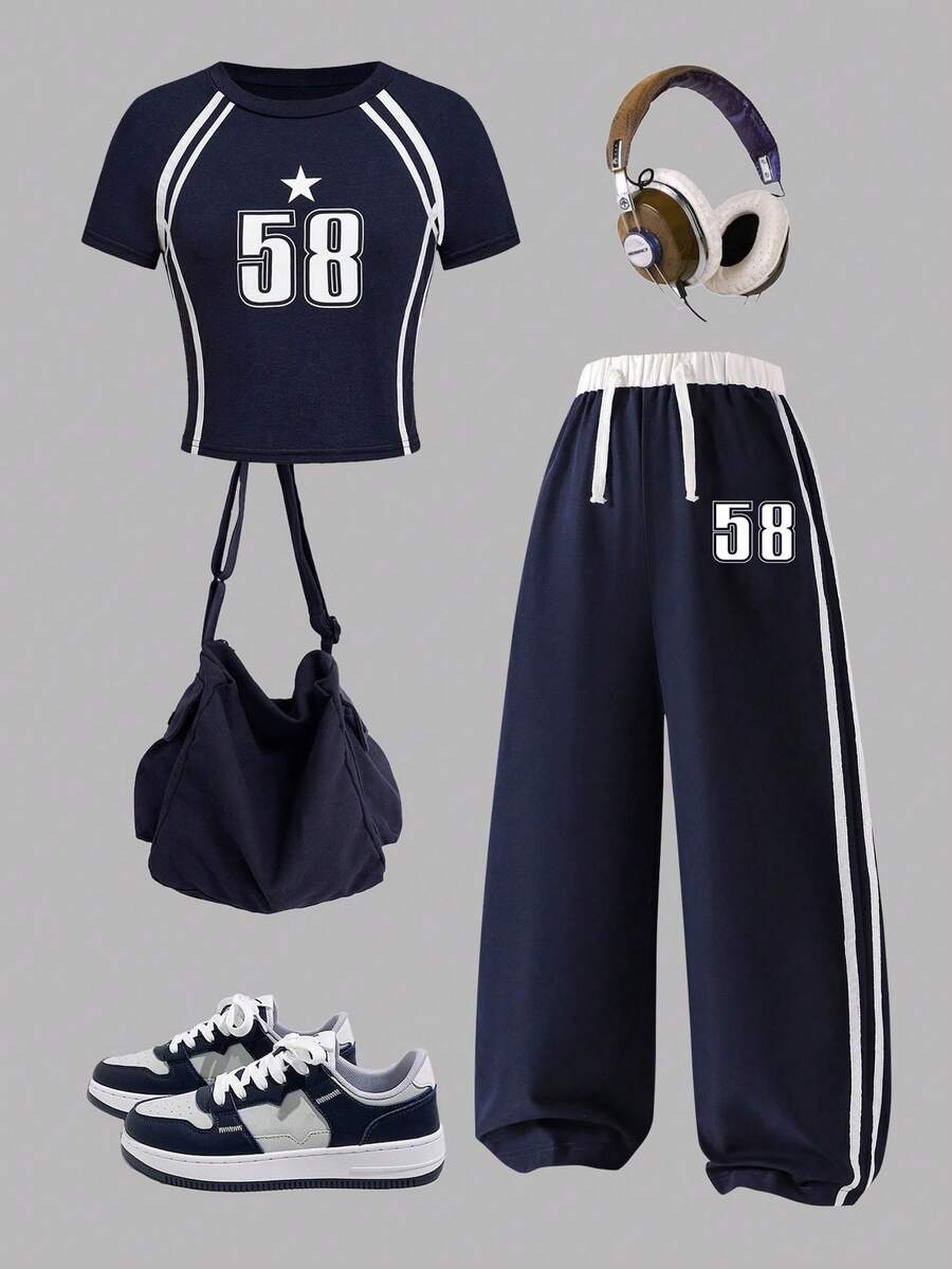 Tween Girl Numeric Print Asymmetric Shoulder Short Sleeve Top And Pants Set - Royal Blue - View 1