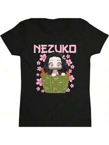 A Casual Printed Round Neck Pullover Short Sleeved T-Shirt Nezuko Kid Slayers Anime Manga Demon Ladies' Crewneck T-Shirt T-Shirts Bring Joy And Happiness To Every Child - 黑色 - 查看 16