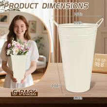 DMetal Vases For Flowers - 6 Pcs White Farmhouse Tall Flower Bucket With Handles Farmhouse Rustic French Tin Planter Buckets For Centerpieces Floral Display Wedding Garden Courtyard Table Decor - 白色 - 查看 2