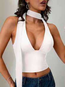 Y2K 春夏深V领性感露背吊带背心 - 白色 - 查看 1