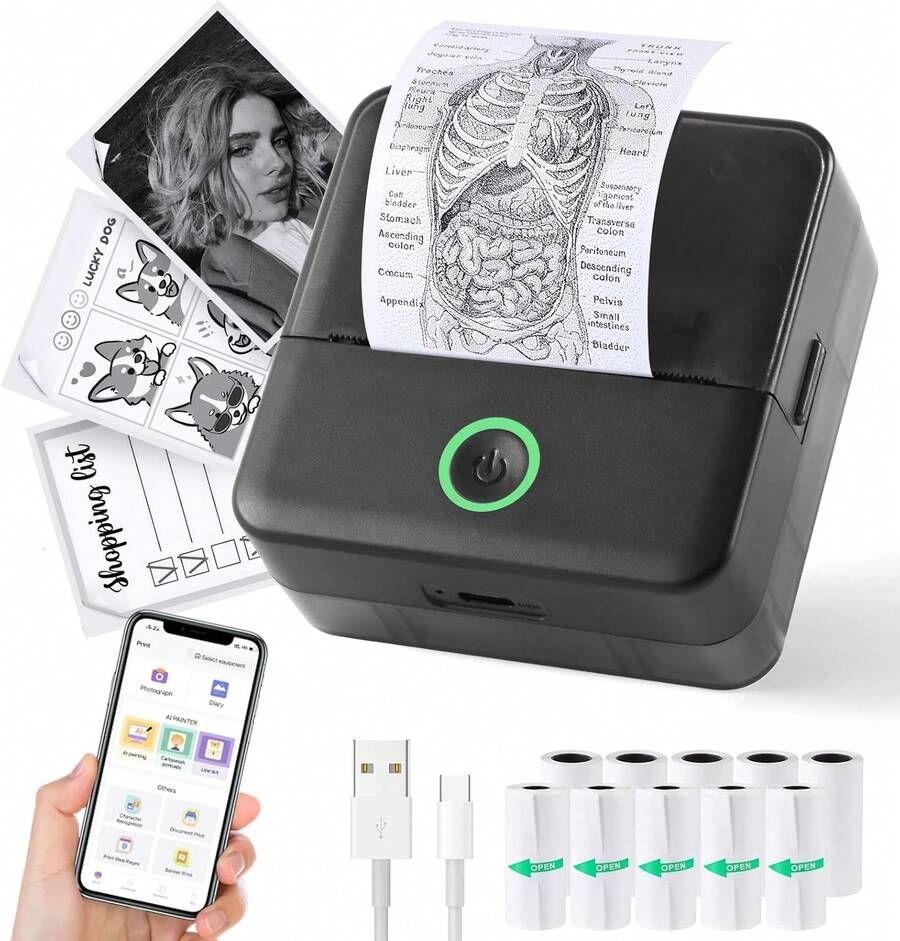 Mini impresora térmica, impresora de teléfono con calcomanía sin tinta con 10 rollos de papel, Bluetooth Print Pod Note Buddy, impresora portátil de bolsillo para fotos, diarios, bricolaje, compatible - 1 - Ver 1