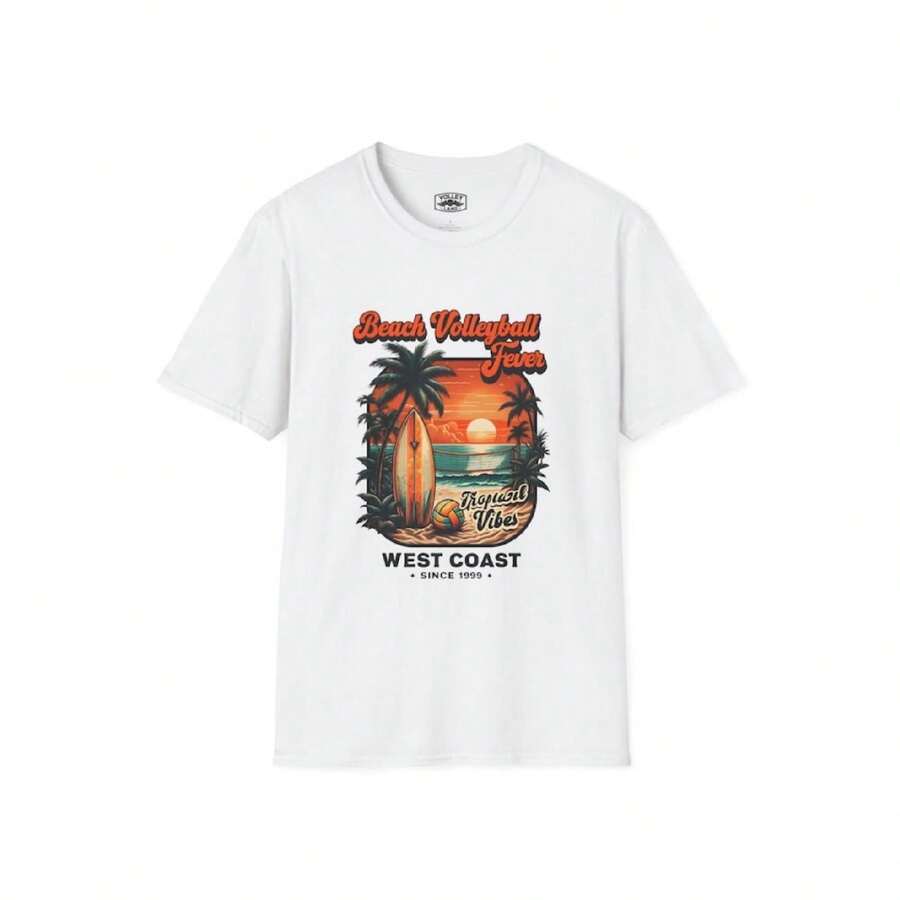 Beach Volleyball Fever T-Shirt West Coast Tropical Design Sunset Paradise Summer Sports - 白色 - 查看 1