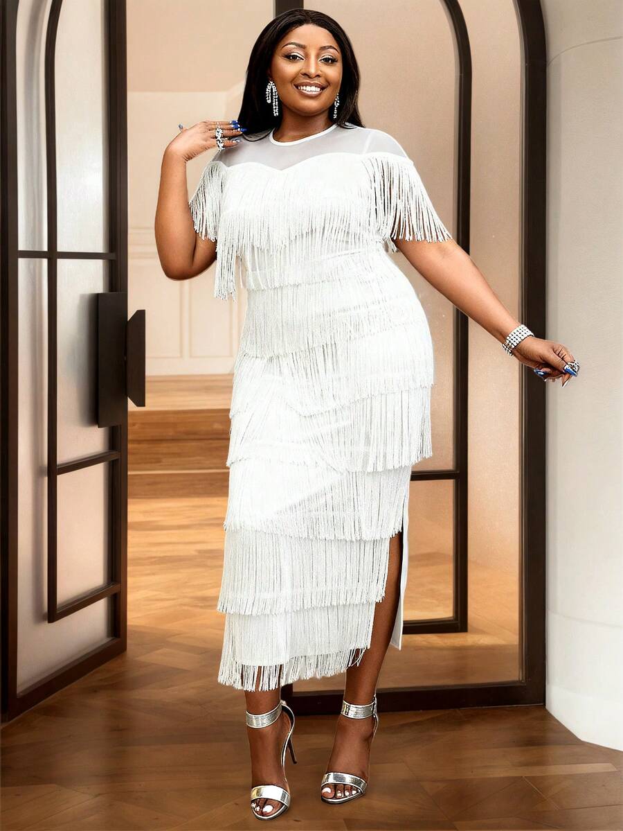 Áo kiểu nữ cỡ lớn màu trắng có tua rua, tay ngắn, đầm midi thanh lịch có tua rua thích hợp cho tiệc tùng mùa hè.