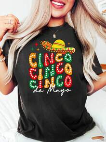 Cinco De Mayo Shirt, Mexico Celebration Festival Shirt, Margaritas Bow Shirt, Mexican Fiesta Party Tee, Mexican Shirt, 100% Cotton Women Oversized T-Shirts, Women Printed Casual Round Neck Short Sleeve Tee Women Tops, 1pcs Fashion Shirt - 黑色 - 查看 2