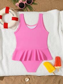 Young Girl Cartoon Princess Print Ruffled One-Piece Swimsuit - Pink - View 2