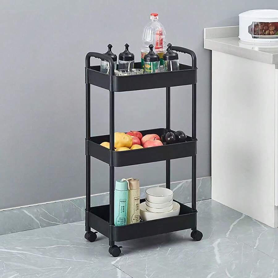 Carrito de almacenamiento de tres capas multifuncional, estantería de almacenamiento de libros y misceláneos para la sala de estar del hogar, estantería de almacenamiento con ruedas de varios niveles para la cocina y el baño - Negro - Ver 1