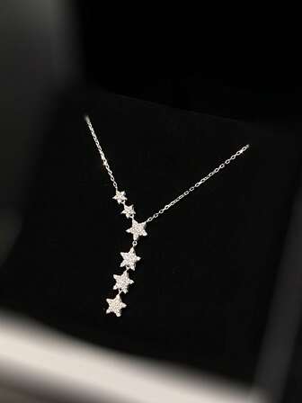 1pc S925 Sterling Silver Fashionable Versatile Ins-Style Pentagram Zirconia Tassel Pendant Elegant Y-Necklace, Suitable For Women's Daily Wear, Holiday & Party Gift, Jewelry