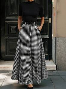 千鸟格印花口袋标志女裤，阔腿设计，适合日常、返校、聚会、机场、通勤等各种场合，四季皆宜 - 黑與白 - 查看 5