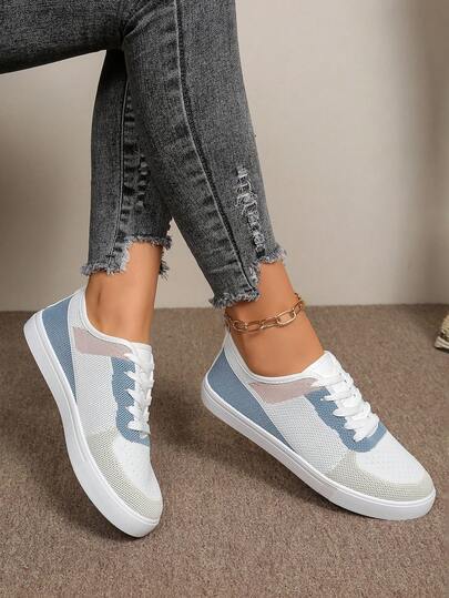 New Women White British Style Lace-Up Sneakers, Round Toe Low-Top Thick Sole Slip-On Shoes, Fashion Breathable Non-Slip Cloth Shoes For Students