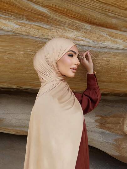 1pc Women's Simple Classic Solid Color Elegant Casual Edged Scarf, Premium Knit Fabric Viscose Jersey Hijabs Scarf, Long Turban Style Headscarf, Suitable For Daily Life, Outings And Gatherings