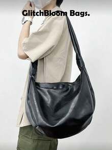 复古ins风休闲手提包，大容量单肩包，配有不可调节肩带，褶皱皮革斜挎包，男士通勤、旅行、上学、大学等场合的个性化斜挎包 - 黑色 - 查看 5