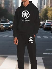 (2 PCS) U.S.ARMY Hoodies 2 Set Festive Men's Military-Star Print Hoodie & Pants Set - Light Grey Two-Piece Outfit , U.S. Armys-Inspired Casual Tracksuit For Fall/Winter, Warm Everyday & Formal Wear, Comfortable Outfit, Relaxed Fit Clothing, Functional Pockets - 黑色 7 - 查看 1