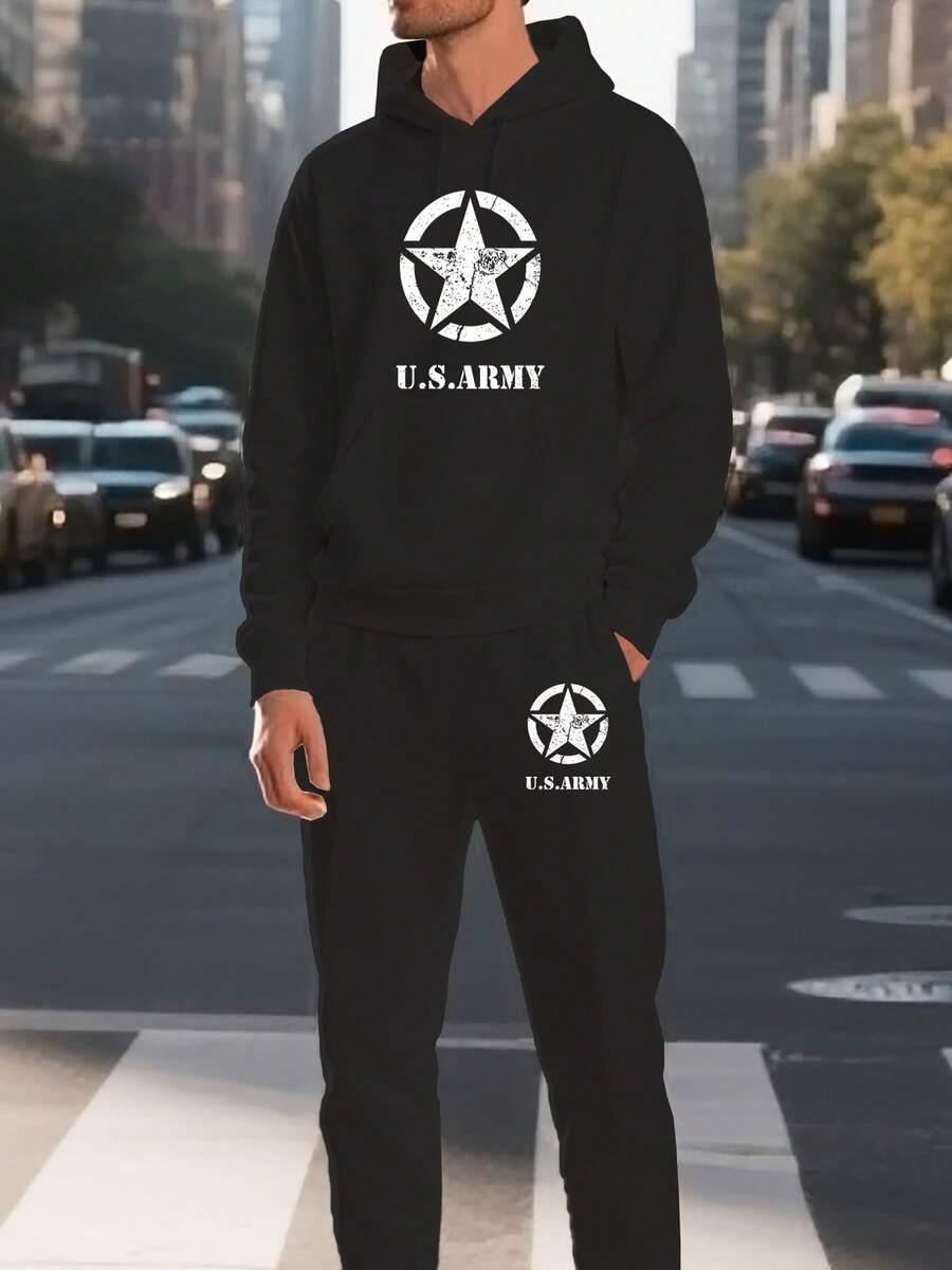 (2 PCS) U.S.ARMY Hoodies 2 Set Festive Men's Military-Star Print Hoodie & Pants Set - Light Grey Two-Piece Outfit , U.S. Armys-Inspired Casual Tracksuit For Fall/Winter, Warm Everyday & Formal Wear, Comfortable Outfit, Relaxed Fit Clothing, Functional Pockets - 黑色 7 - 查看 1