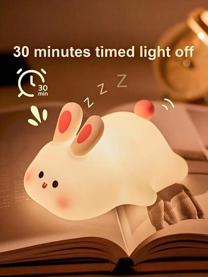 1个兔子硅胶夜灯，现代可爱动物造型床头灯，USB充电，助眠灯，适用于房间、婴儿房，可调光定时功能，送给女朋友的礼物