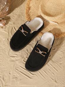 Women's Thick Sole Closed Toe Mule Slippers, Rhinestone Metal Buckle Decor, Suede Lining, Minimalist Commuter Style, Autumn/Winter, Outdoor Shopping Home Slip-On Sandals - Black - View 5