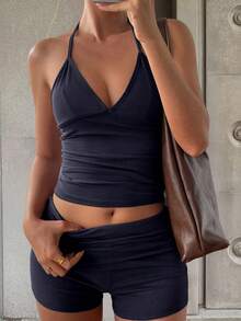 GAOVOT Women's Sexy Sports Casual Set, Including V-Neck Top And Tight Shorts, Suitable For Running, Fitness And Other Occasions Summer Elegant - 藏蓝色 - 查看 4