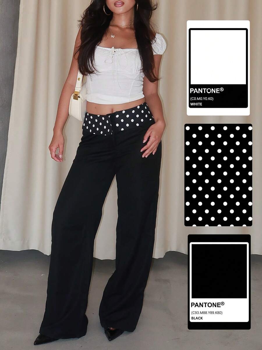 Vintage Polka Dot Print Patchwork Waistline Casual & Versatile Straight Leg Pants For Women