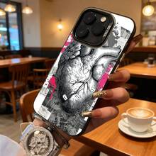 Funda de Teléfono Diseño de Corazón Anatómico Rosa y Negro con Fondo de Paisaje Urbano para iPhone 14 13 12 11 Pro Max y  Galaxy S23 S22 S21 Plus Opción de Regalo Ideal para Todas las Estaciones - Negro - Ver 7