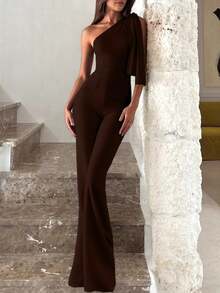 Women's Sexy Elegant Asymmetric Off-Shoulder High Waist Jumpsuit | Sexy, Slim-Fit, Elegant, Suitable For Parties, Casual Wear, And Nightclub - Coffee Brown - View 3