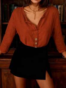 1pc Solid Color Button V-Neck Loose Blouse, Suitable For Summer, Spring, Autumn & All Seasons - Brick Red - View 1