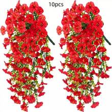 10/6/4/2/1 piezas Floral colgante artificial para exteriores, Campanilla de la mañana roja brillante, adecuada para bodas, hogar, oficina y decoración de jardín, flores artificiales con hojas de eucalipto, plantas colgantes realistas resistentes a los rayos UV, ideales para decoración de otoño, decoración de Acción de Gracias, arco de boda, pared, jardín, dormitorio, fiesta al aire decoración de oficina - rojo brillante - Ver 10
