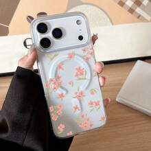 One Pack Of A Stylish Phone Case Featuring A Pink Floral Design, Designed To Be Shockproof And Magnetic, Compatible With The For Iphone 17 Series Including Models 17, 17 Pro, 17 Pro Max, 17 Air, 16E, 16 Pro Max, 16 Pro, 16, 15, 14, 13, 12, And 11., Shockproof Cover, Magnetic Closure, Stylish Accessory, Uv Printed Design, Acrylic Phone Cover, Decorative Phone Shell, Gift For Her, Mobile Accessories - Clear - View 3